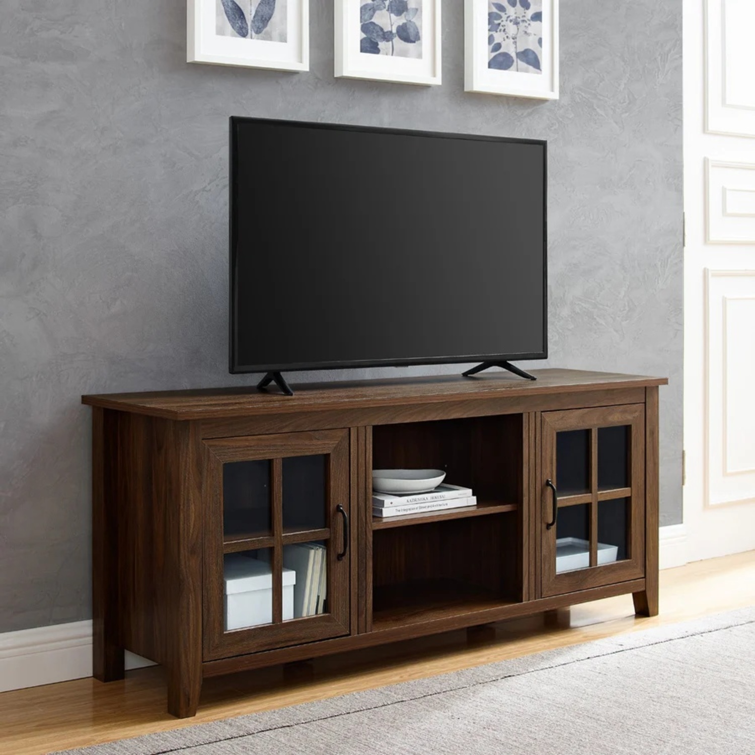 Walker Edison 58" Glass Walnut Brown TV Stand - image-7