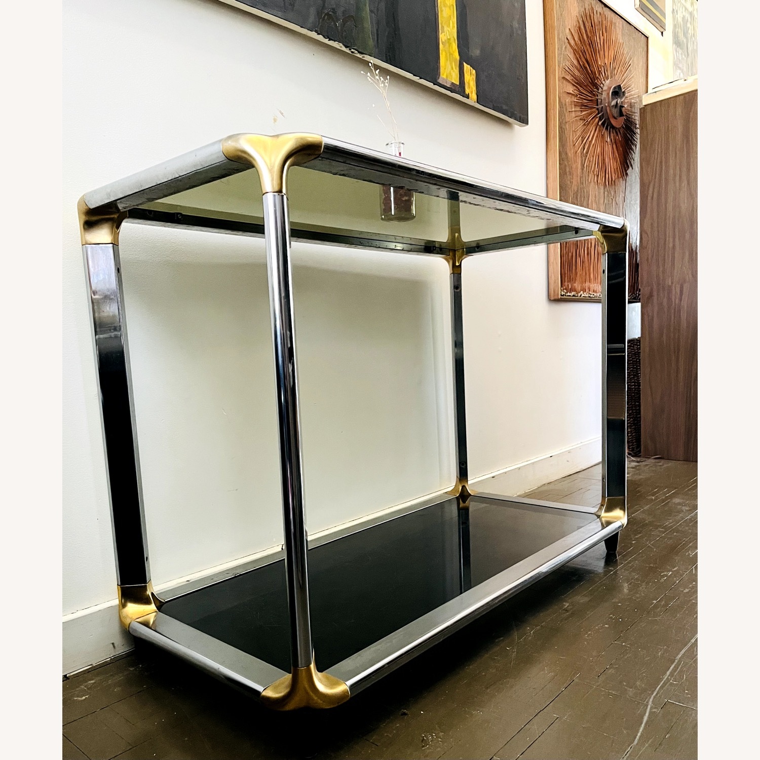 Vintage Glam Console Table Chrome & Smoked Glass - image-6