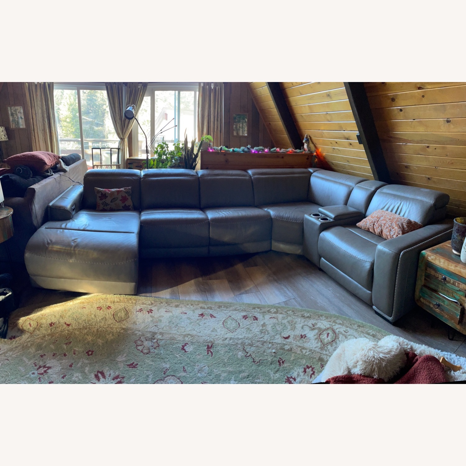 Ashley Furniture Leather Recliner Sectional Dove Grey - image-9