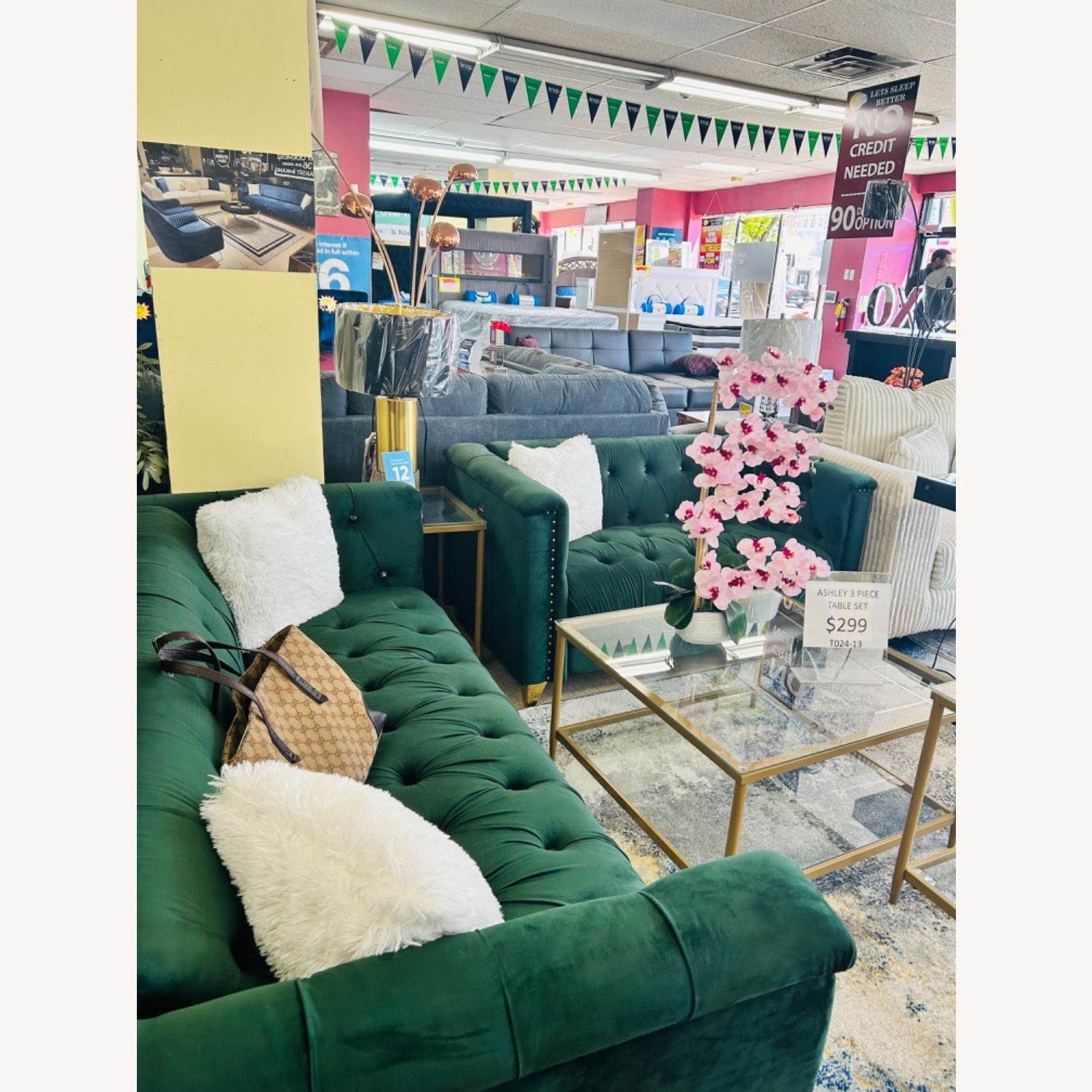 Velvet Green Sofa with Gold Handles - image-2