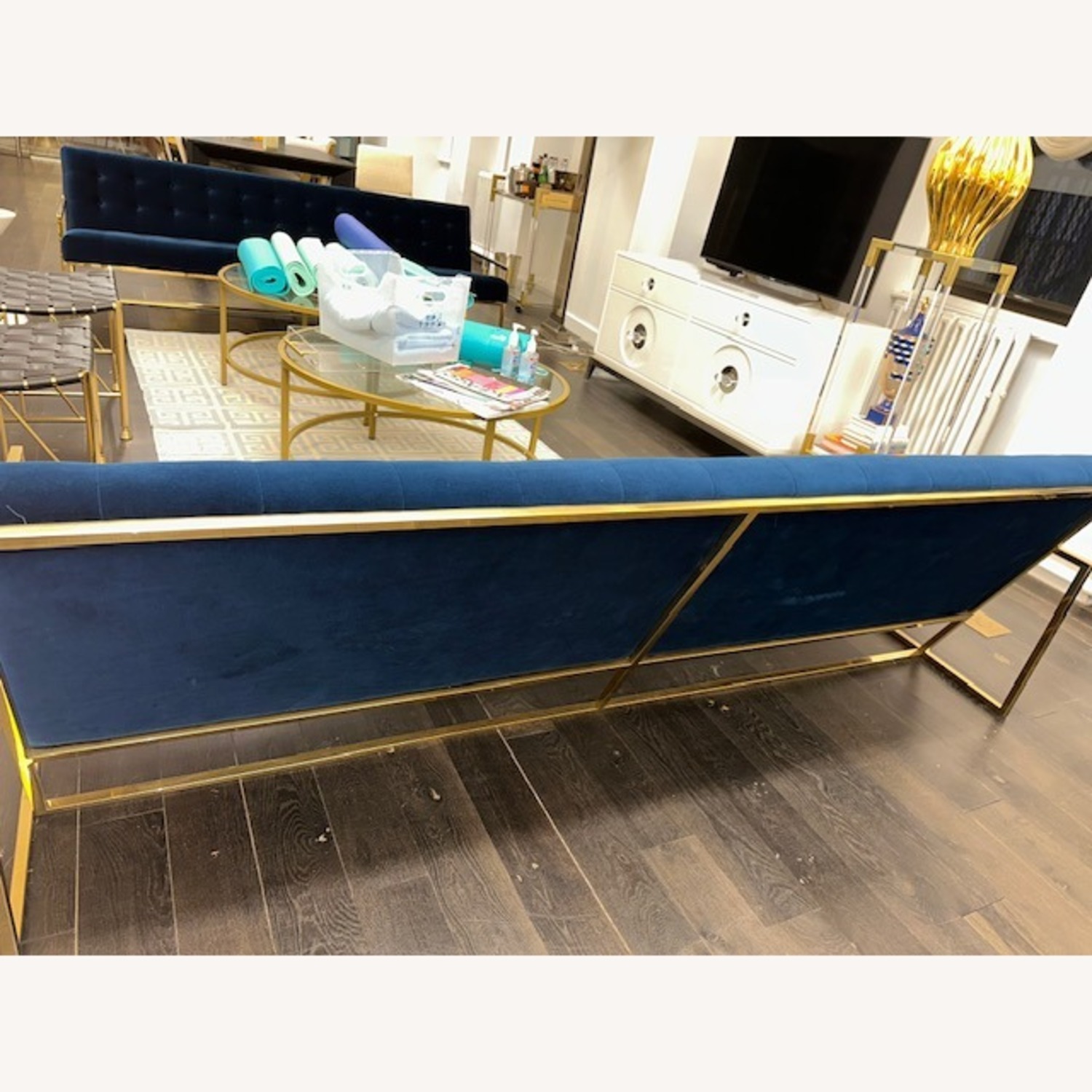 Jonathan Adler Blue Velvet Goldfinger Sofa - image-3