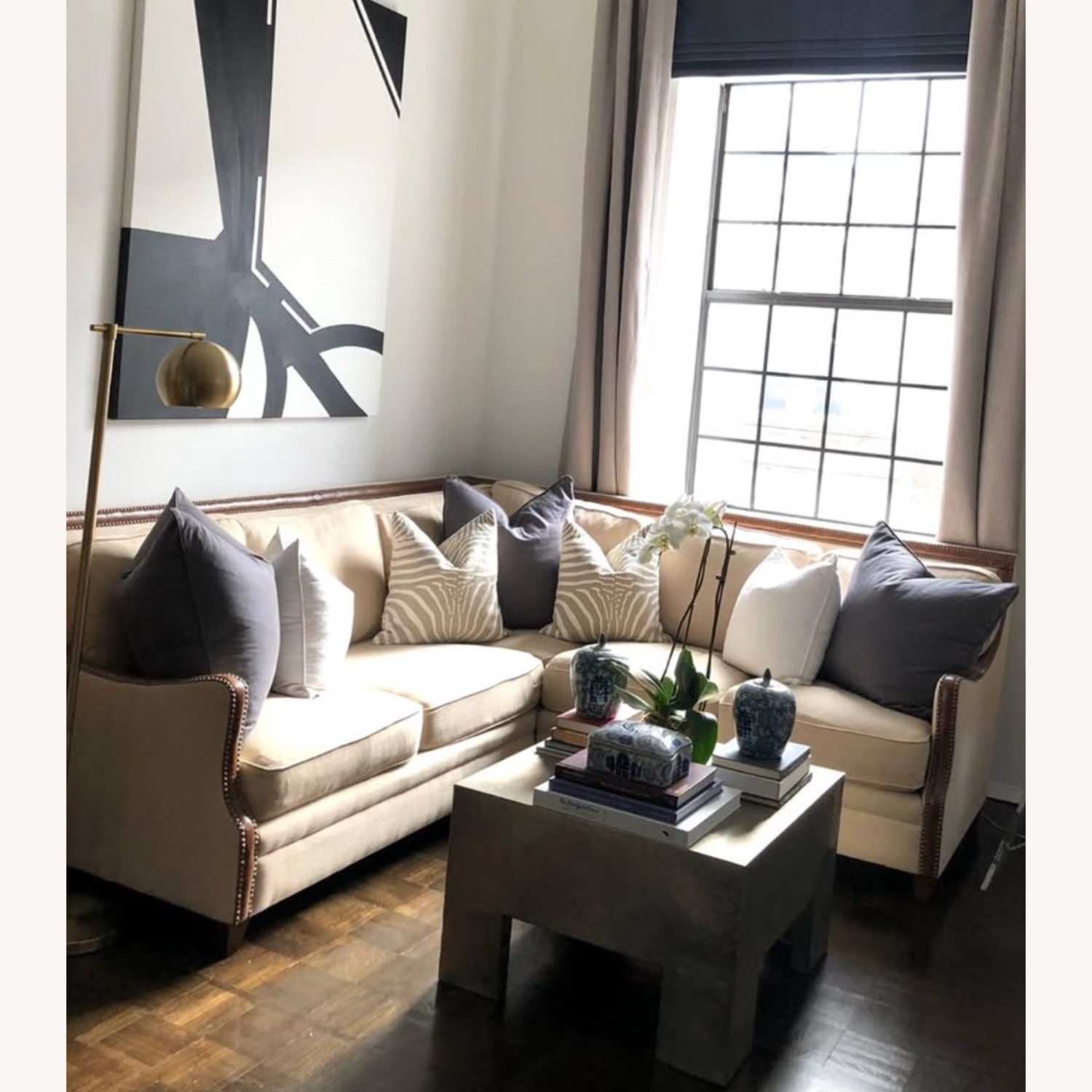 Custom Linen and Leather Sectional Sofa - image-1