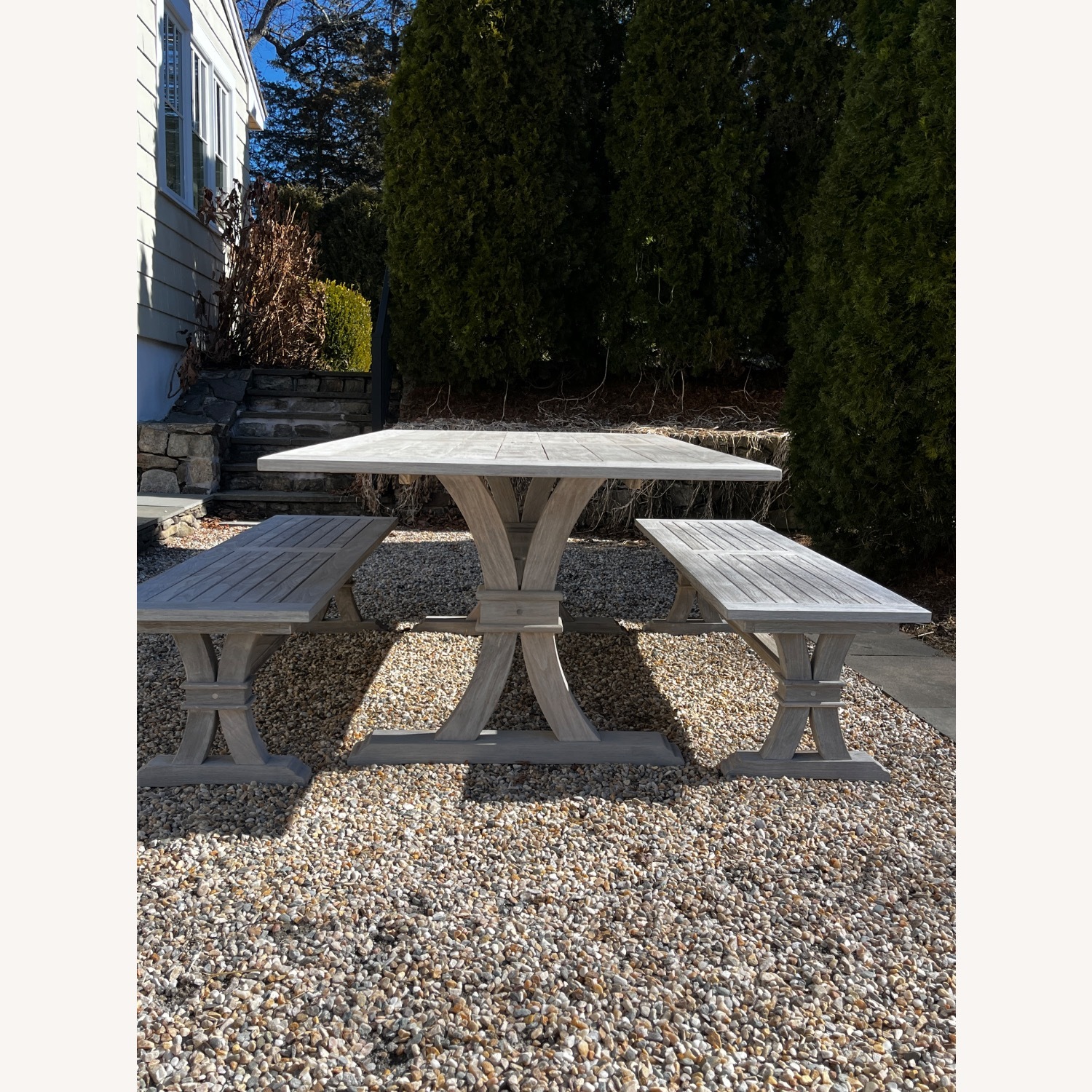 Frontgate Teak Farmhouse Dining Table and Benches - image-1