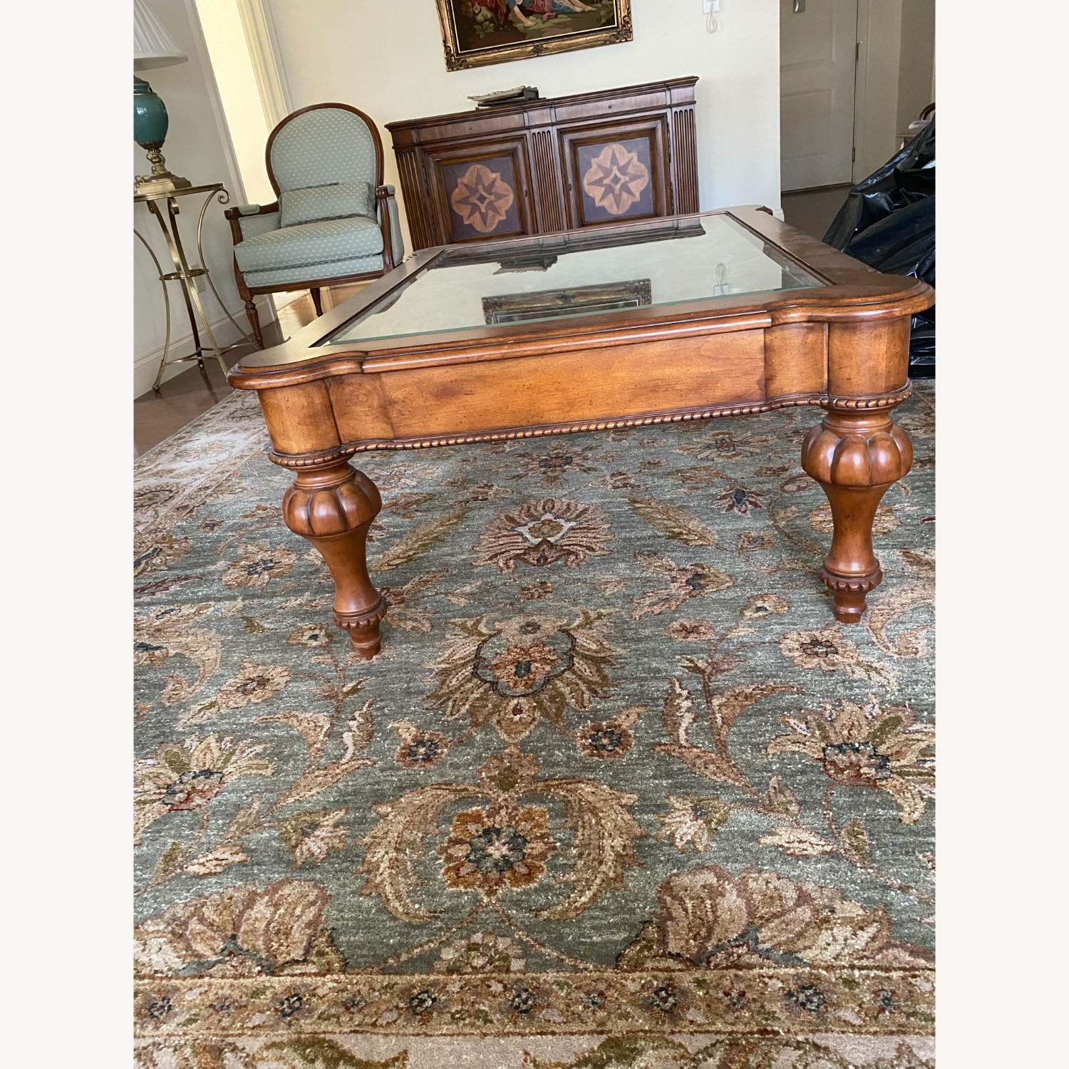 HR783 ETHAN ALLEN ガラストップテーブル　猫脚　コーヒーテーブル Ethan Allen Cane Glass Coffee Table - AptDeco