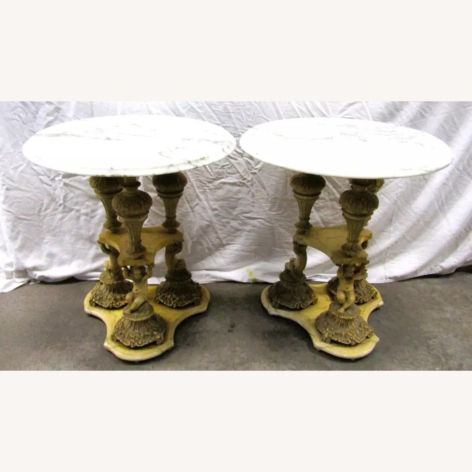 Pair Italian Regency Marble Top Table Cherub Base - image-1