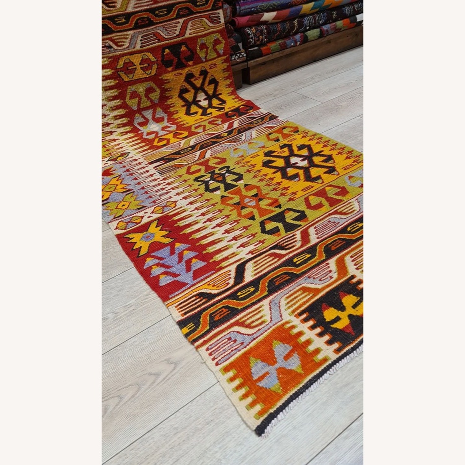 Vintage Denizli Tribal Flat-Weave Runner 1940's 3X8 - image-3