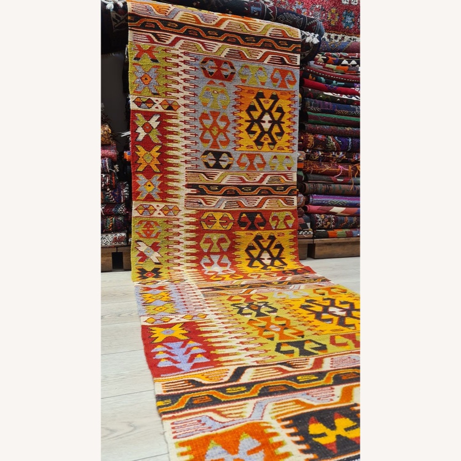 Vintage Denizli Tribal Flat-Weave Runner 1940's 3X8 - image-2