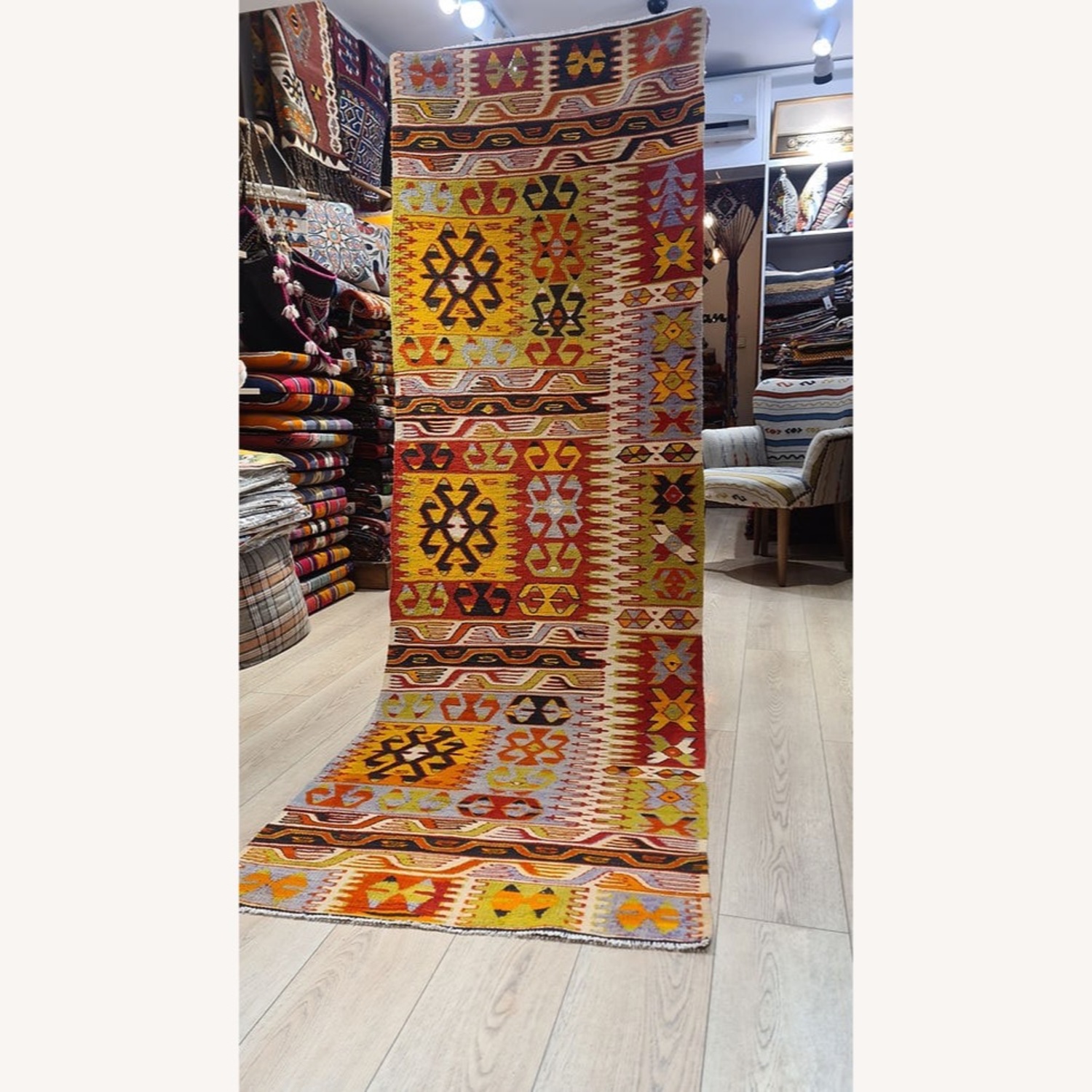 Vintage Denizli Tribal Flat-Weave Runner 1940's 3X8 - image-1