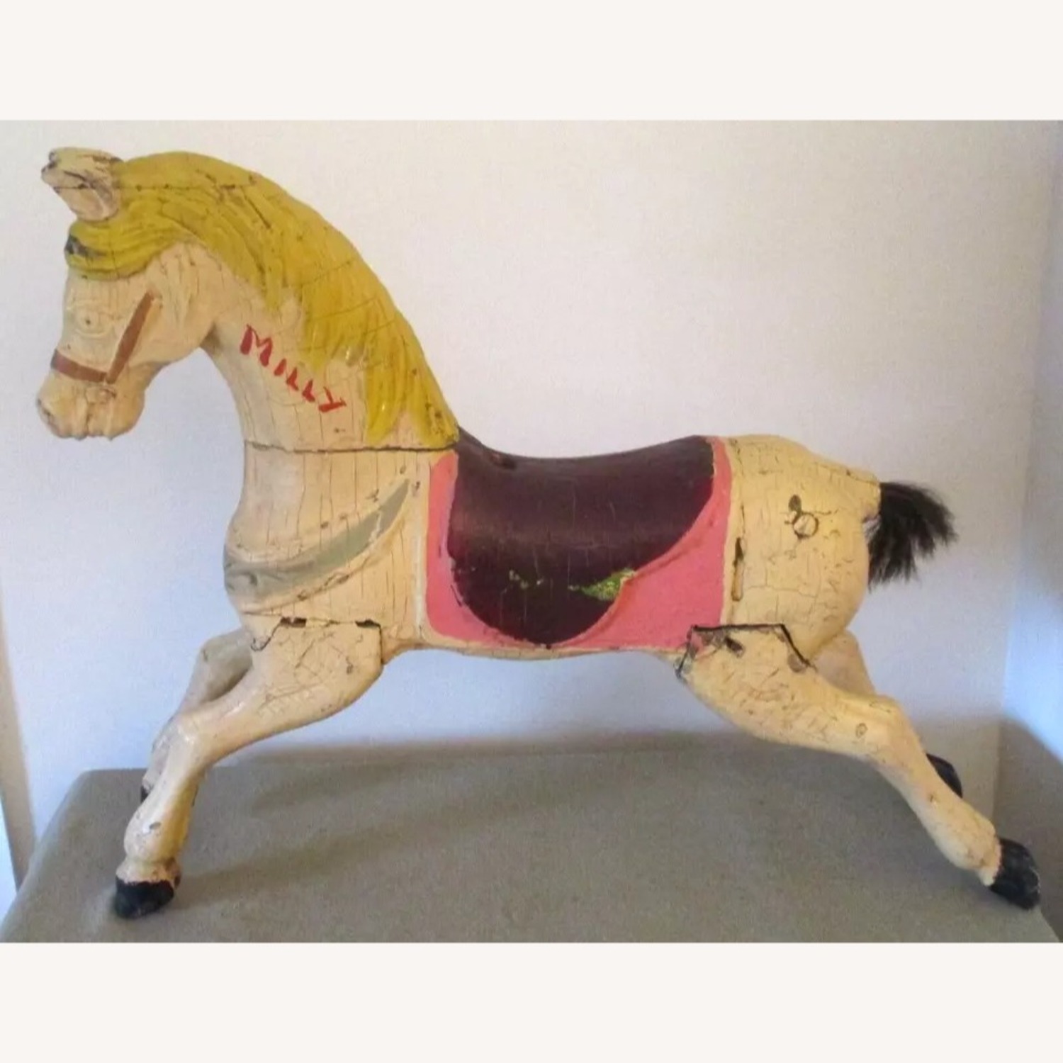 Antique Carved Wood Carousel Horse with Horsehair - image-1
