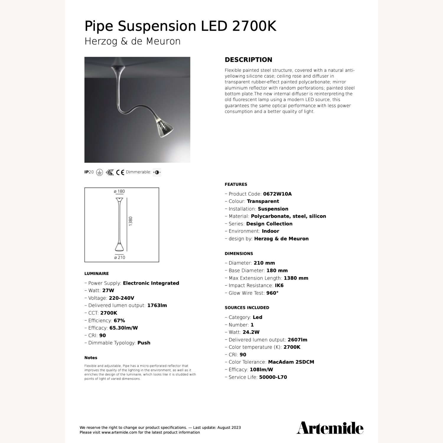 Artemide Pipe Suspension Lamp, Herzog & De Meuron - image-8
