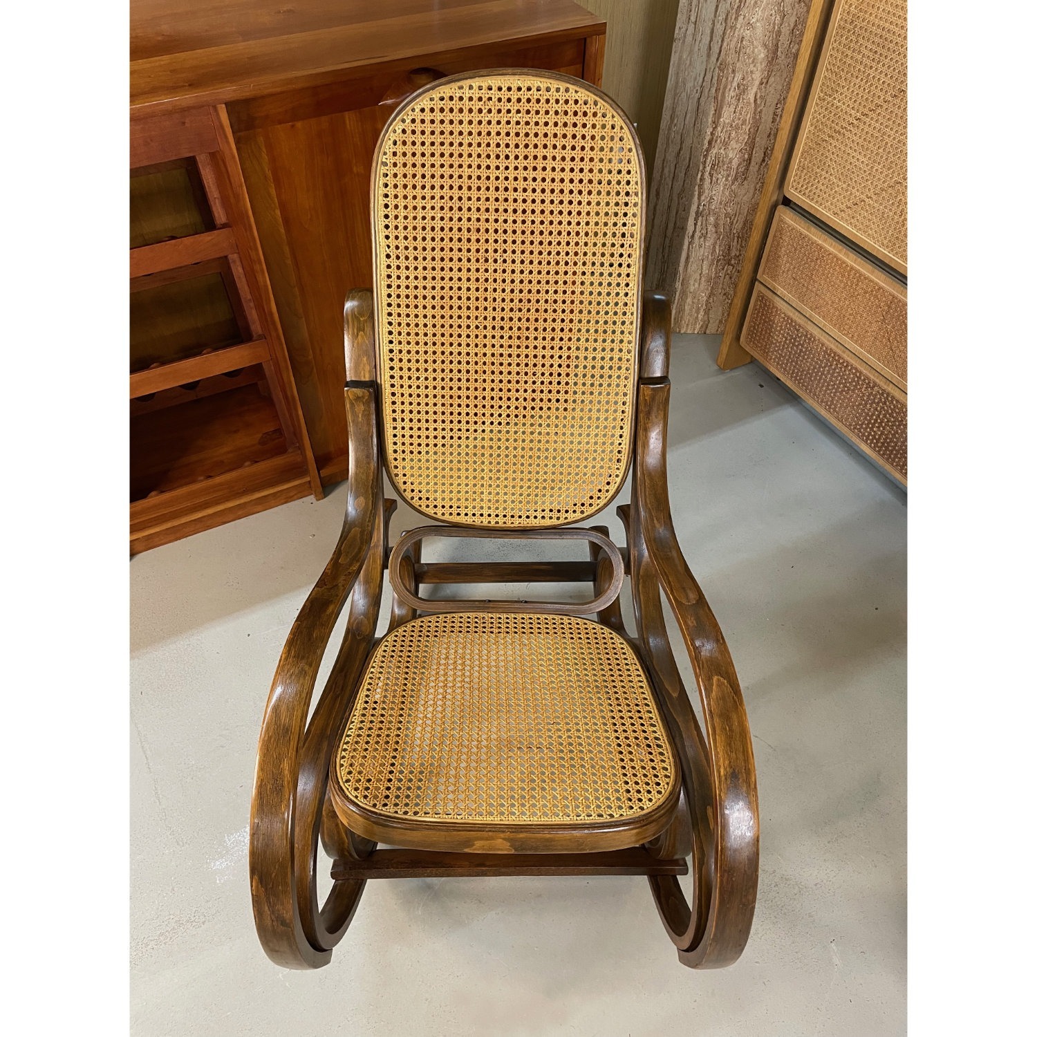 Vintage Rocking Chair with Wood Frame and Caning - image-10