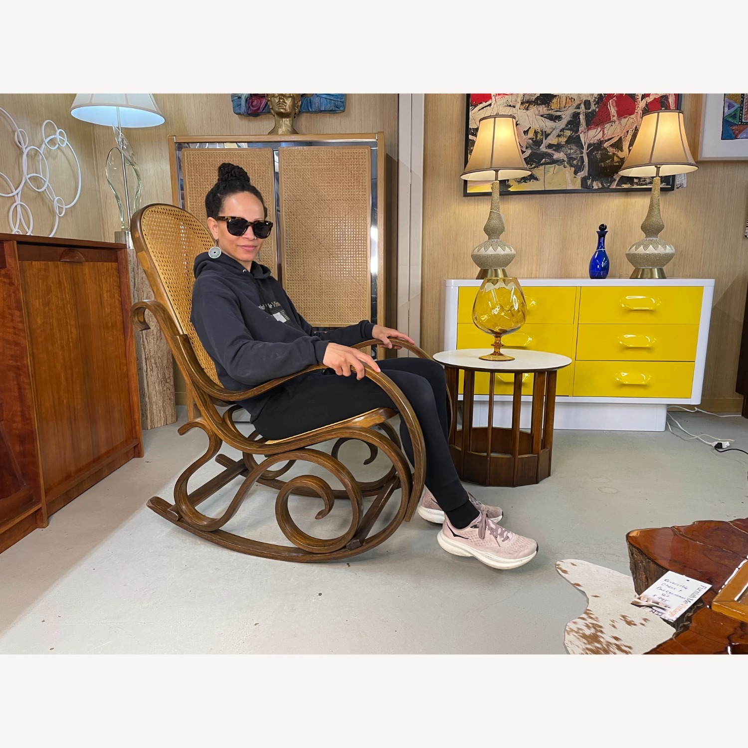 Vintage Rocking Chair with Wood Frame and Caning - image-2