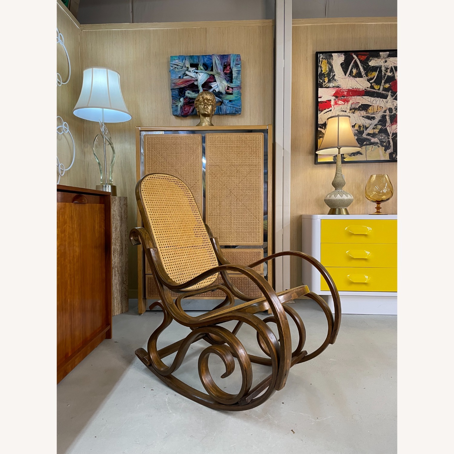 Vintage Rocking Chair with Wood Frame and Caning - image-1