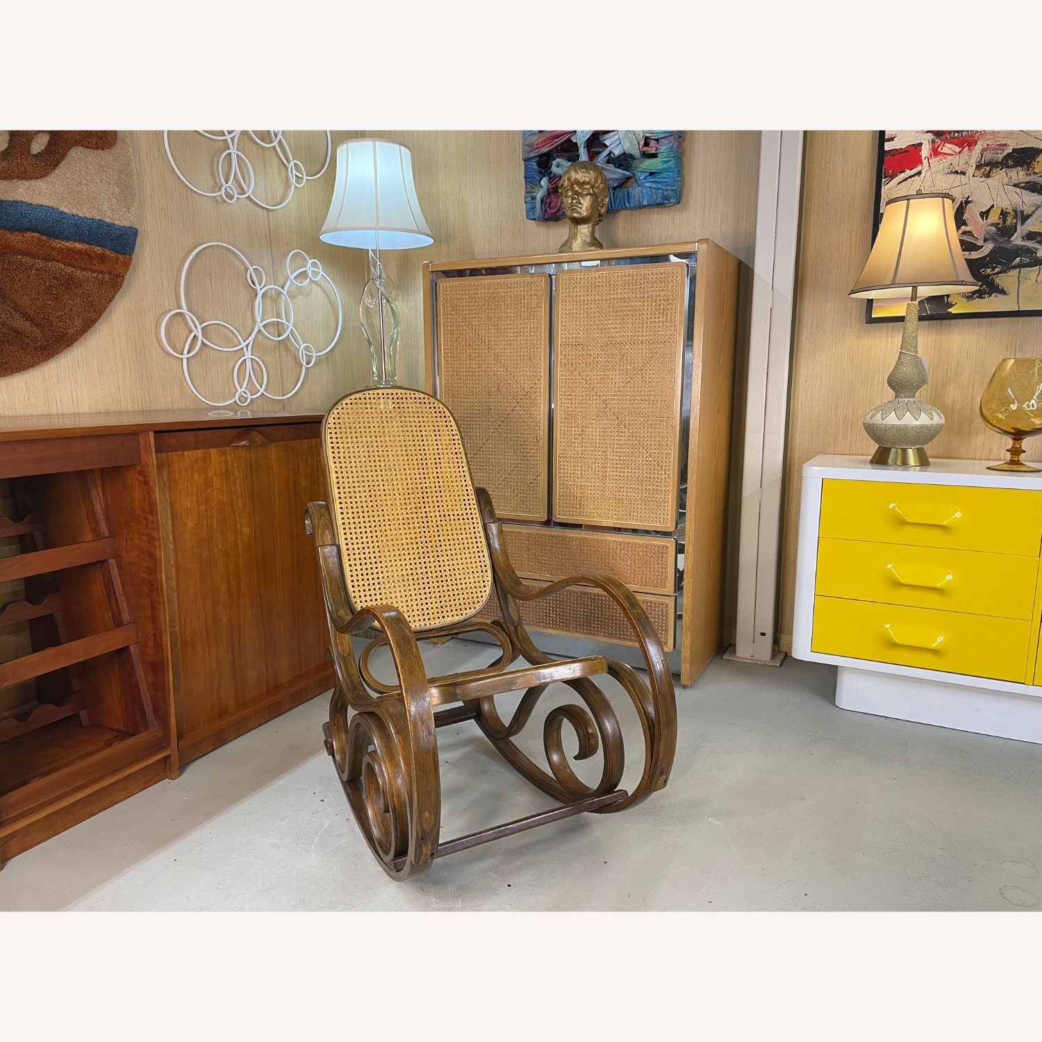 Vintage Rocking Chair with Wood Frame and Caning - image-3