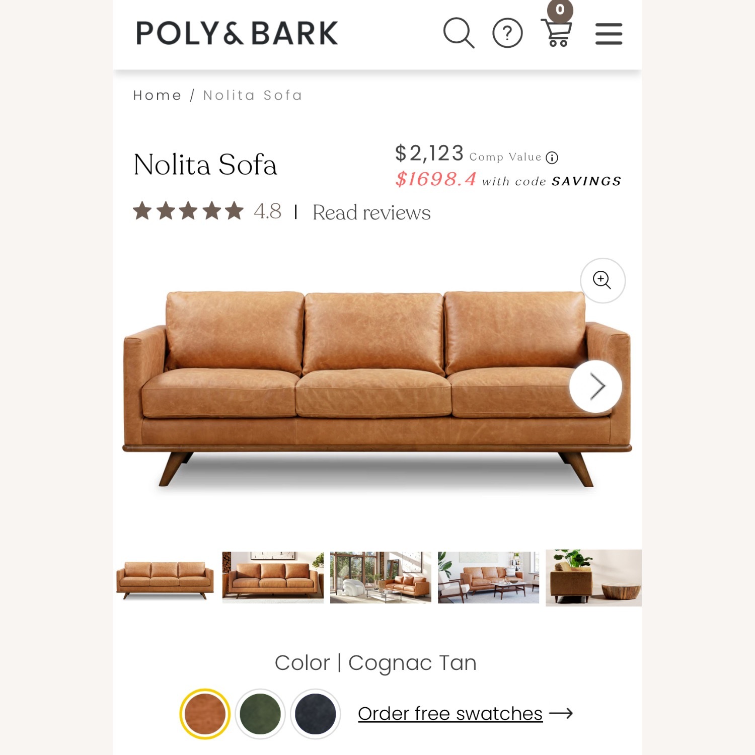 Poly & Bark Nolita Sofa Cognac Tan Leather - image-4