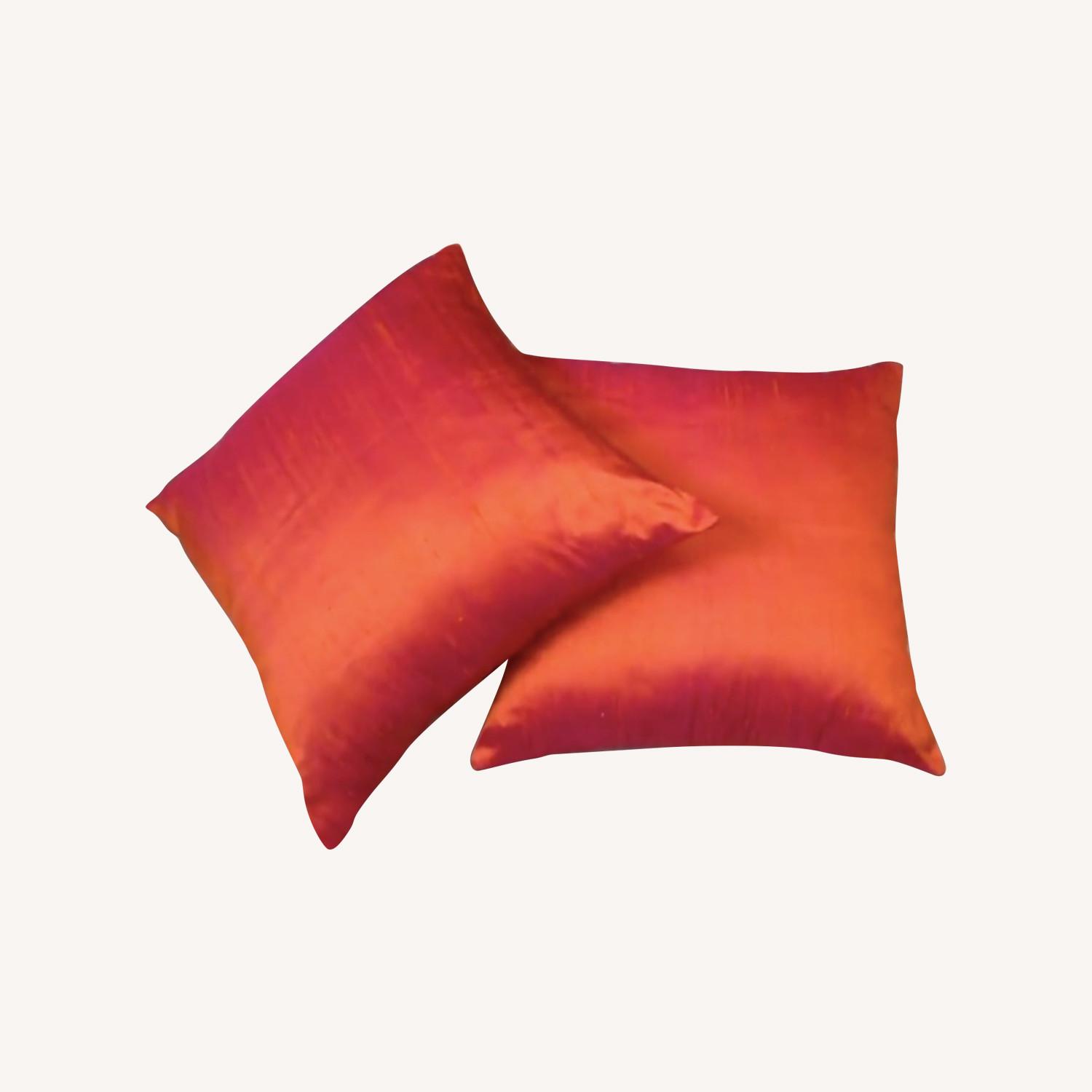 Taylor Made Custom 2 Orange + Hot Pink Silk Throw Pillows 20”x20” - image-0