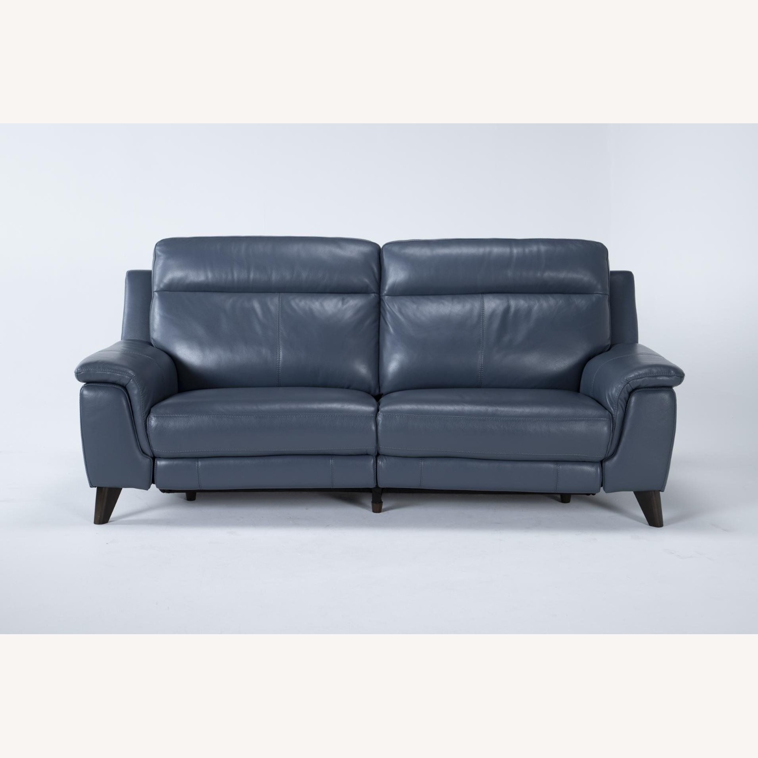 Living Spaces Blue Leather Reclining Sofa  - image-11
