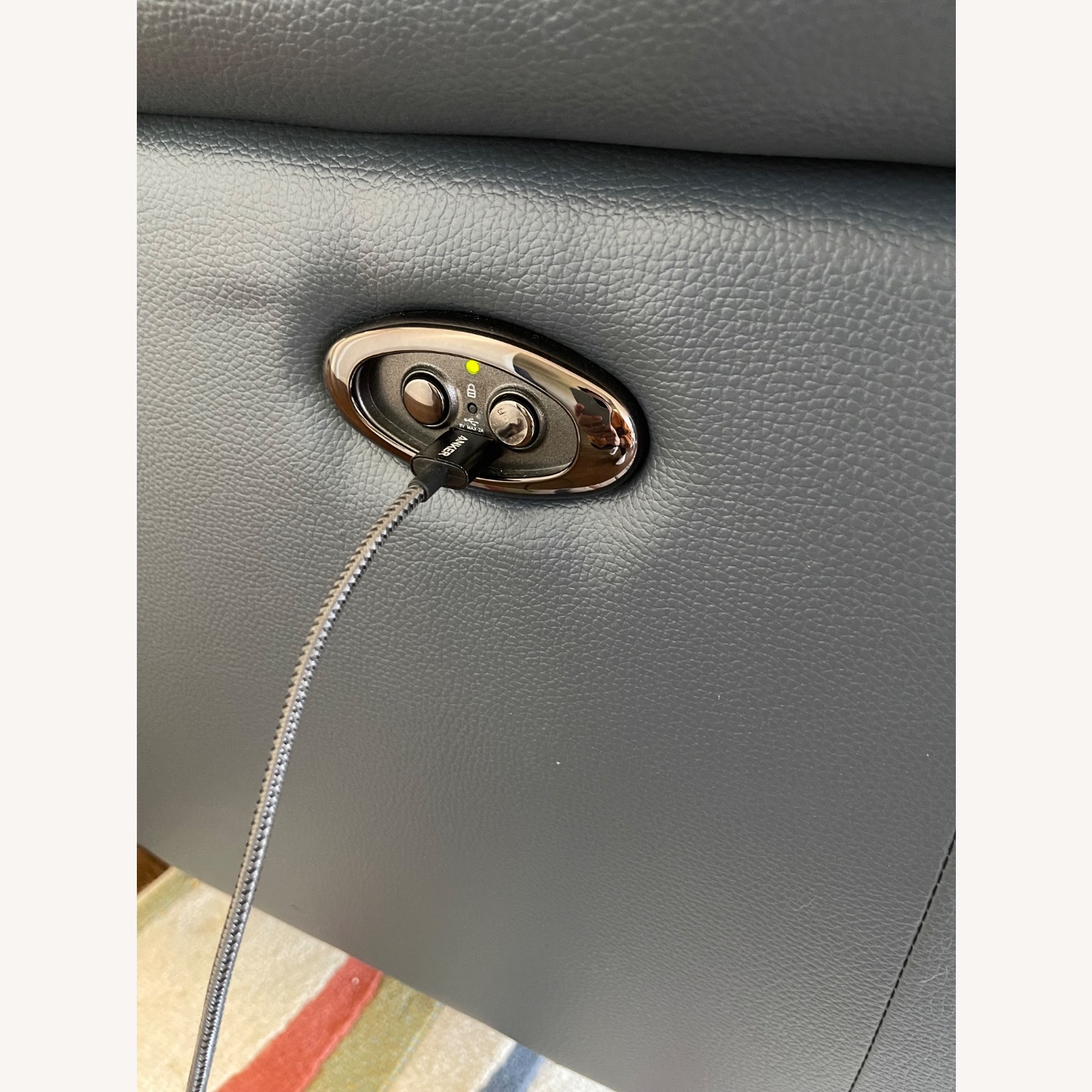 Living Spaces Blue Leather Reclining Sofa  - image-6