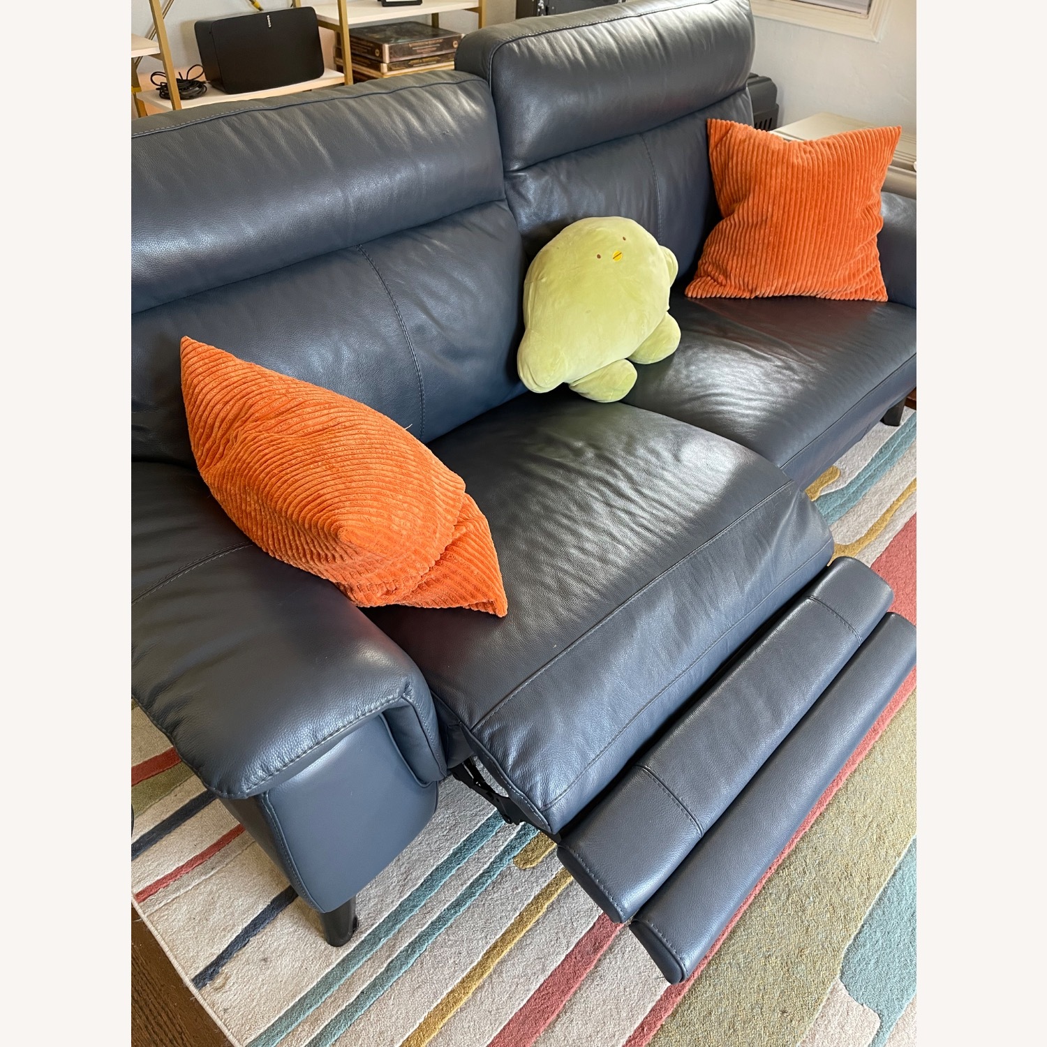Living Spaces Blue Leather Reclining Sofa  - image-2