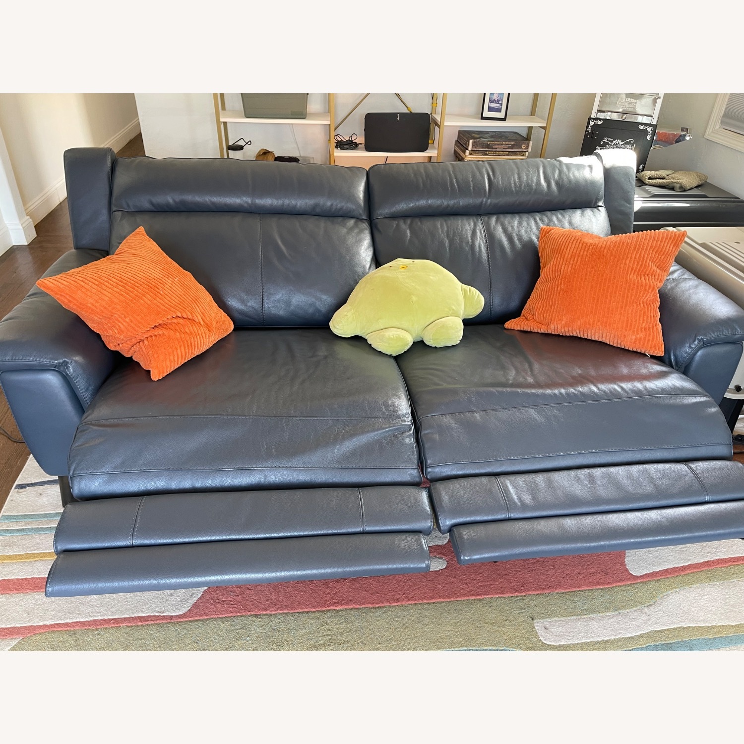 Living Spaces Blue Leather Reclining Sofa  - image-5