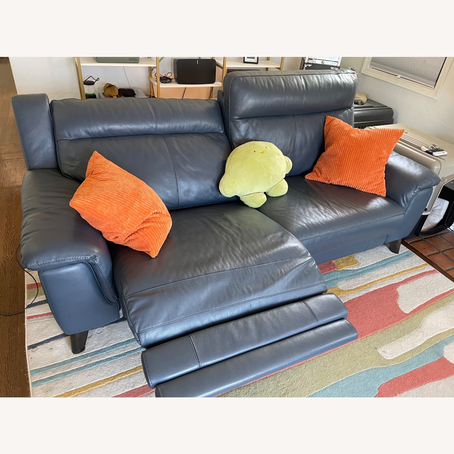 Living Spaces Blue Leather Reclining Sofa  - image-3