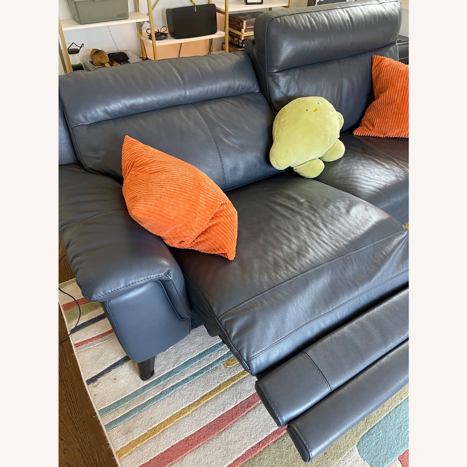 Living Spaces Blue Leather Reclining Sofa  - image-4