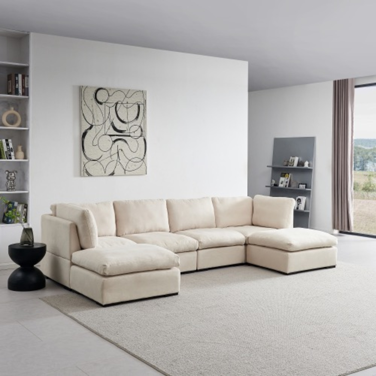 Modular Linen Sofa with Ottoman,Beige - image-12