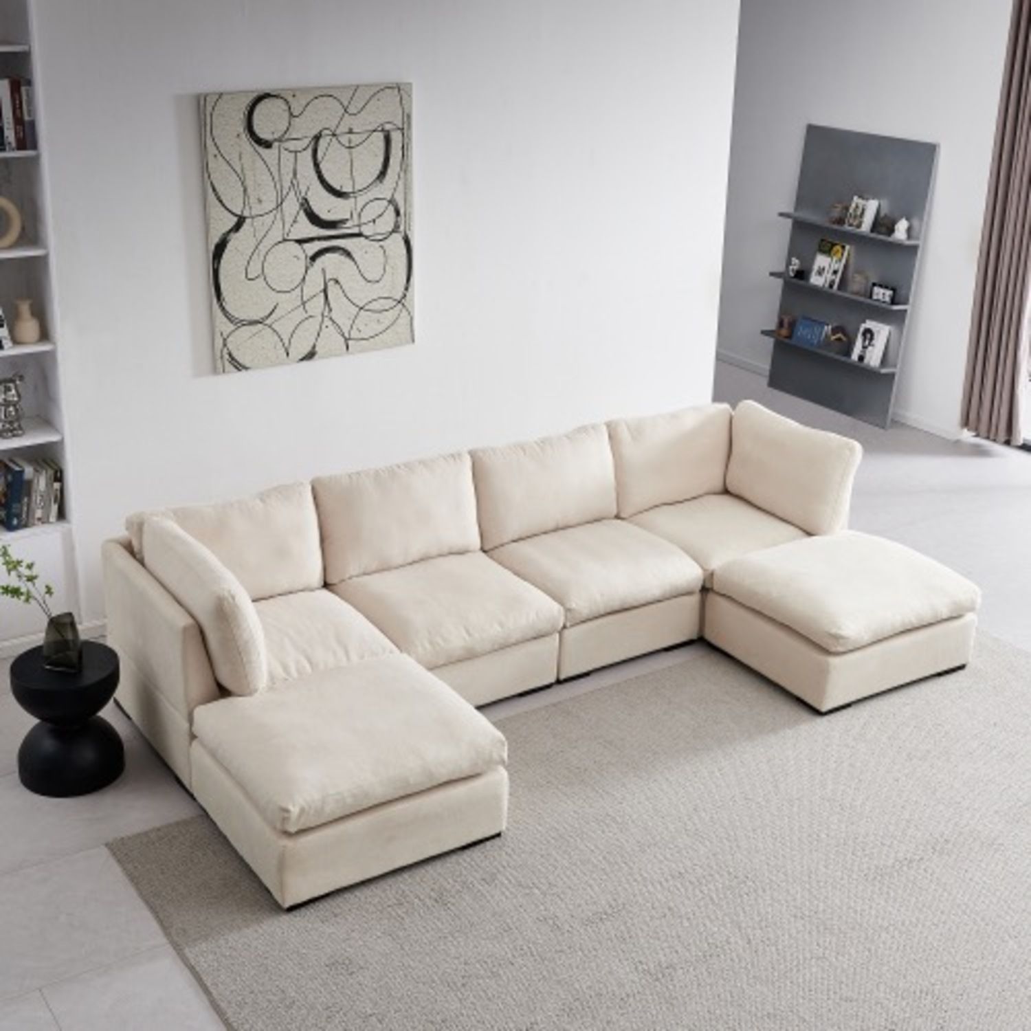 Modular Linen Sofa with Ottoman,Beige - image-13