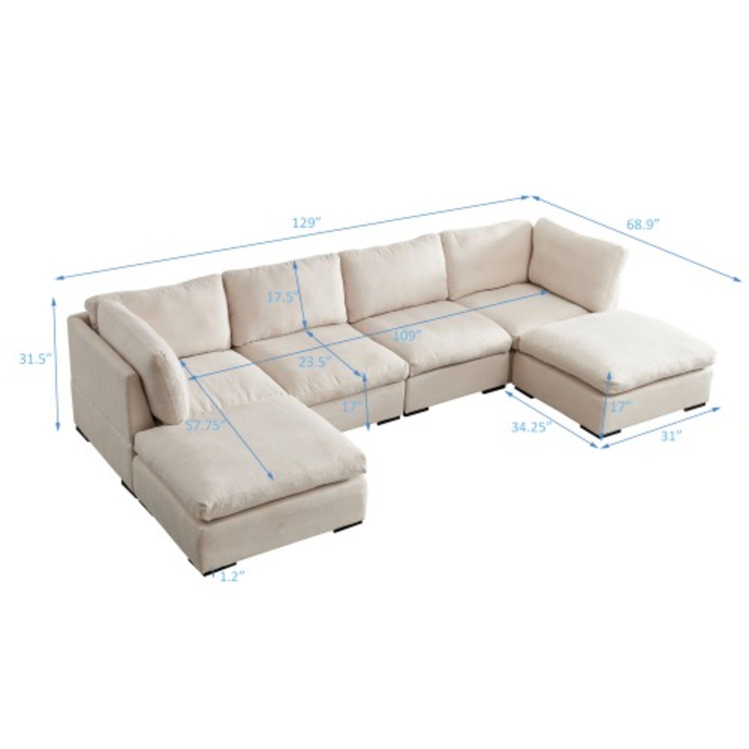 Modular Linen Sofa with Ottoman,Beige - image-3