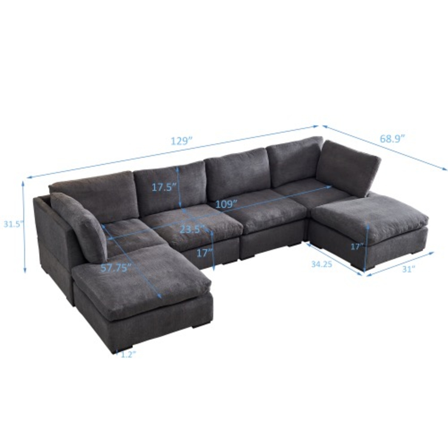 Modular Linen Sofa with Ottoman,Dark Grey - image-11