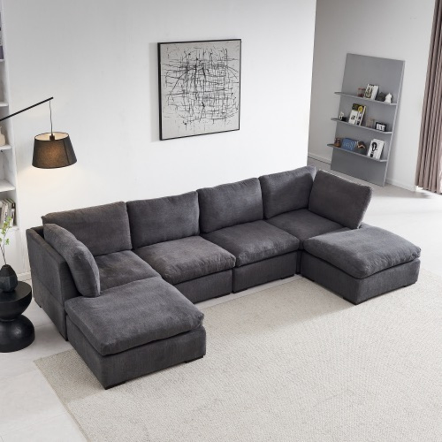 Modular Linen Sofa with Ottoman,Dark Grey - image-4