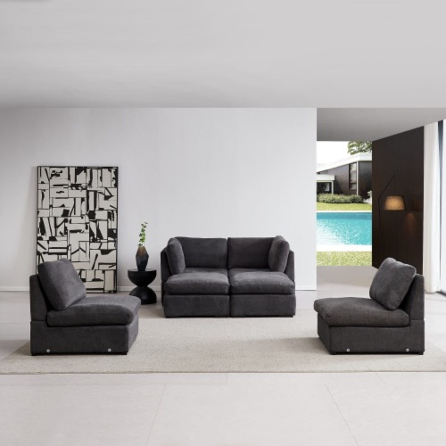 Modular Linen Sofa with Ottoman,Dark Grey - image-5