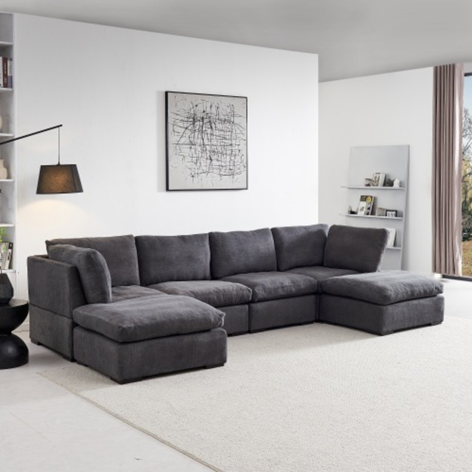 Modular Linen Sofa with Ottoman,Dark Grey - image-3
