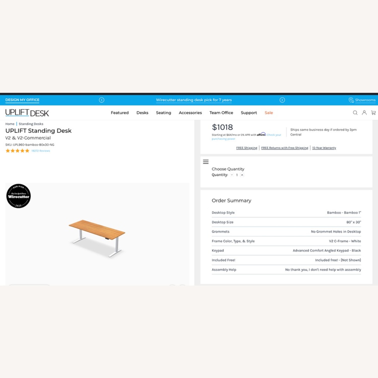 UPLIFT Standing Desk Bamboo & White - image-1