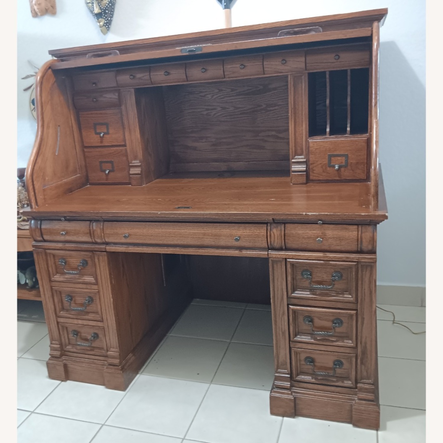Antique Desk, Wood Roll-Top - image-1