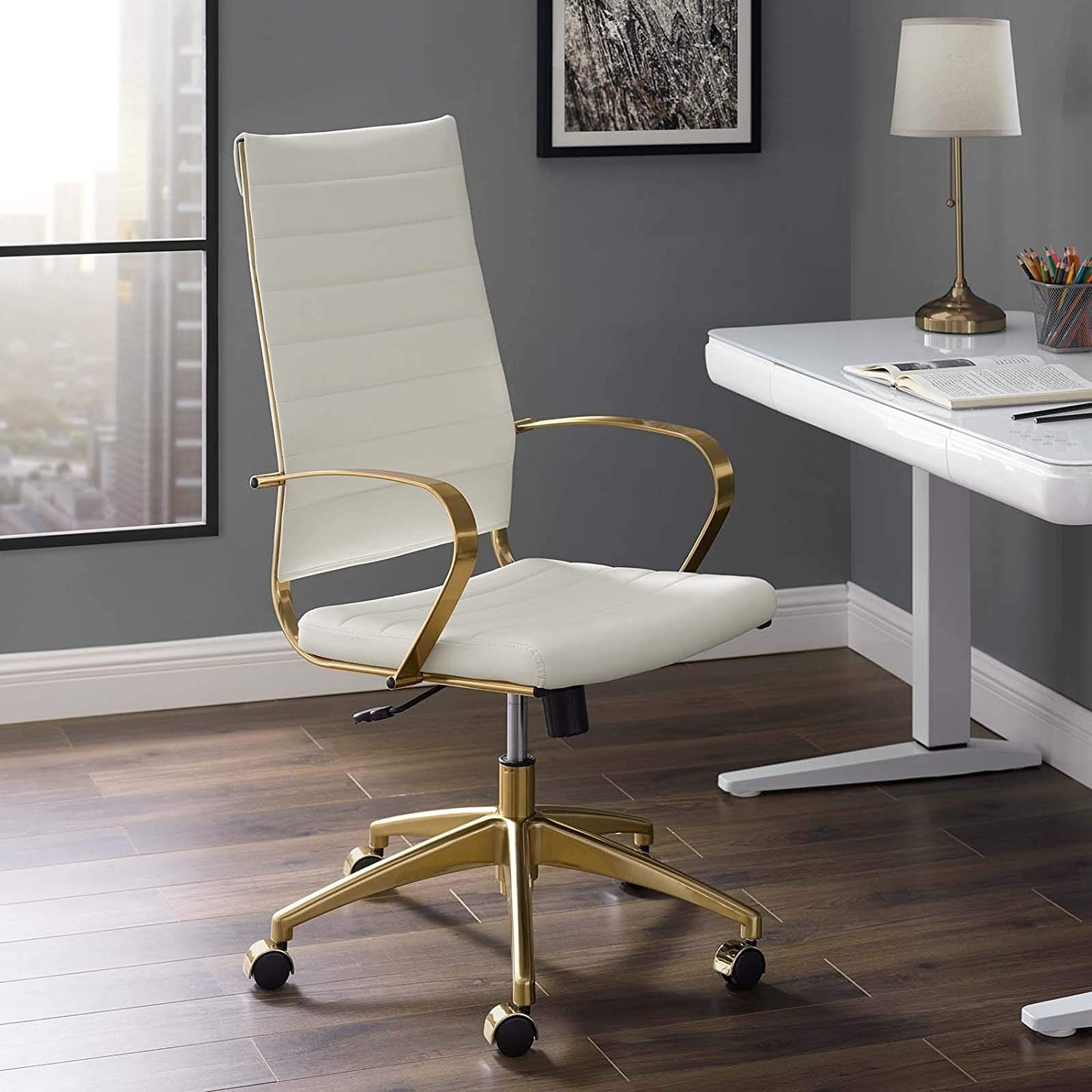Office Chair In Highback White Ribbed Faux Leather - image-5
