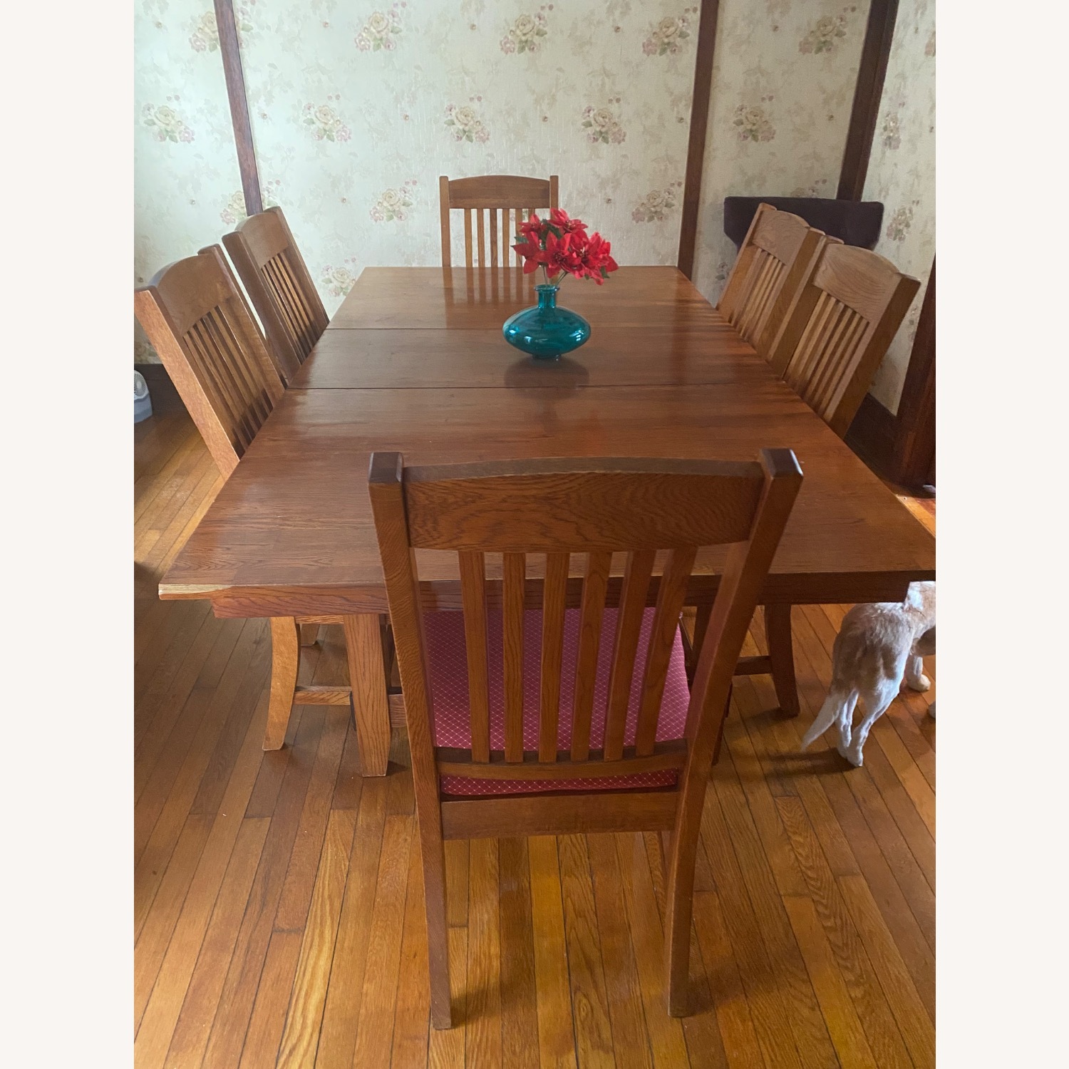 Six Chair Solid Oak Rectangular Table with Leaf - image-1