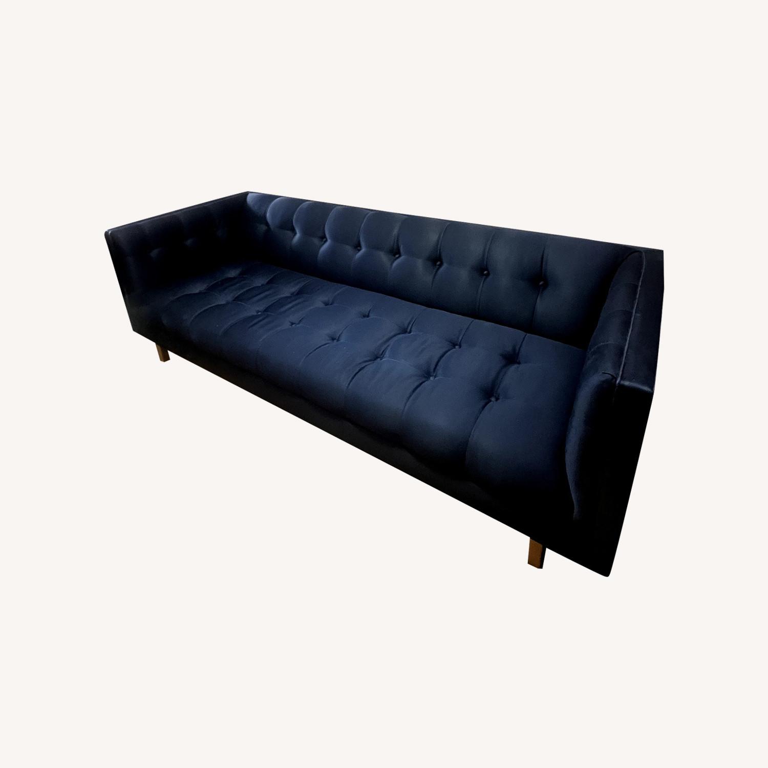 Custom 84" Blue Silk Tufted Tuxedo Sofa - image-0