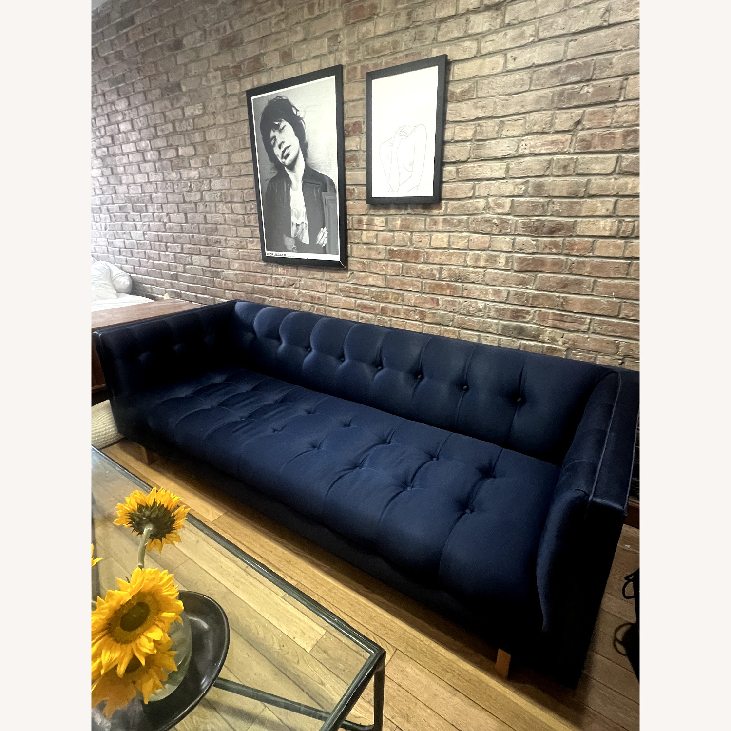 Custom 84" Blue Silk Tufted Tuxedo Sofa - image-2