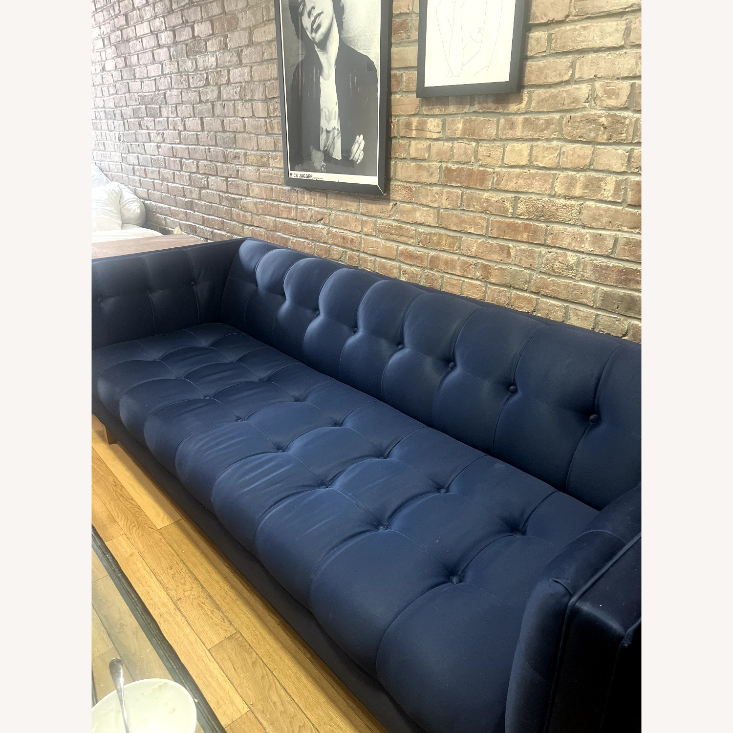 Custom 84" Blue Silk Tufted Tuxedo Sofa - image-3