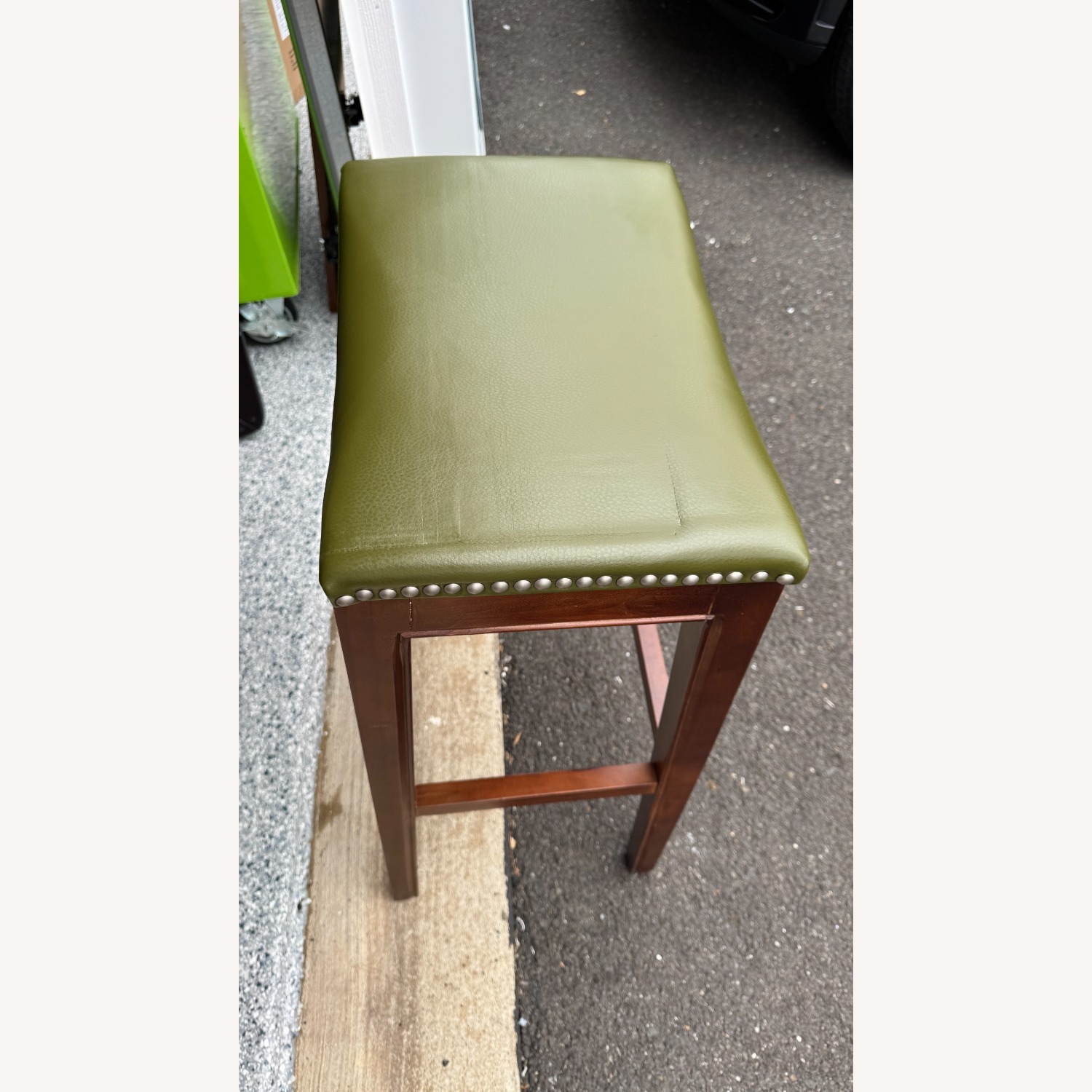 Three Wood and Green Leather Barstools - image-4