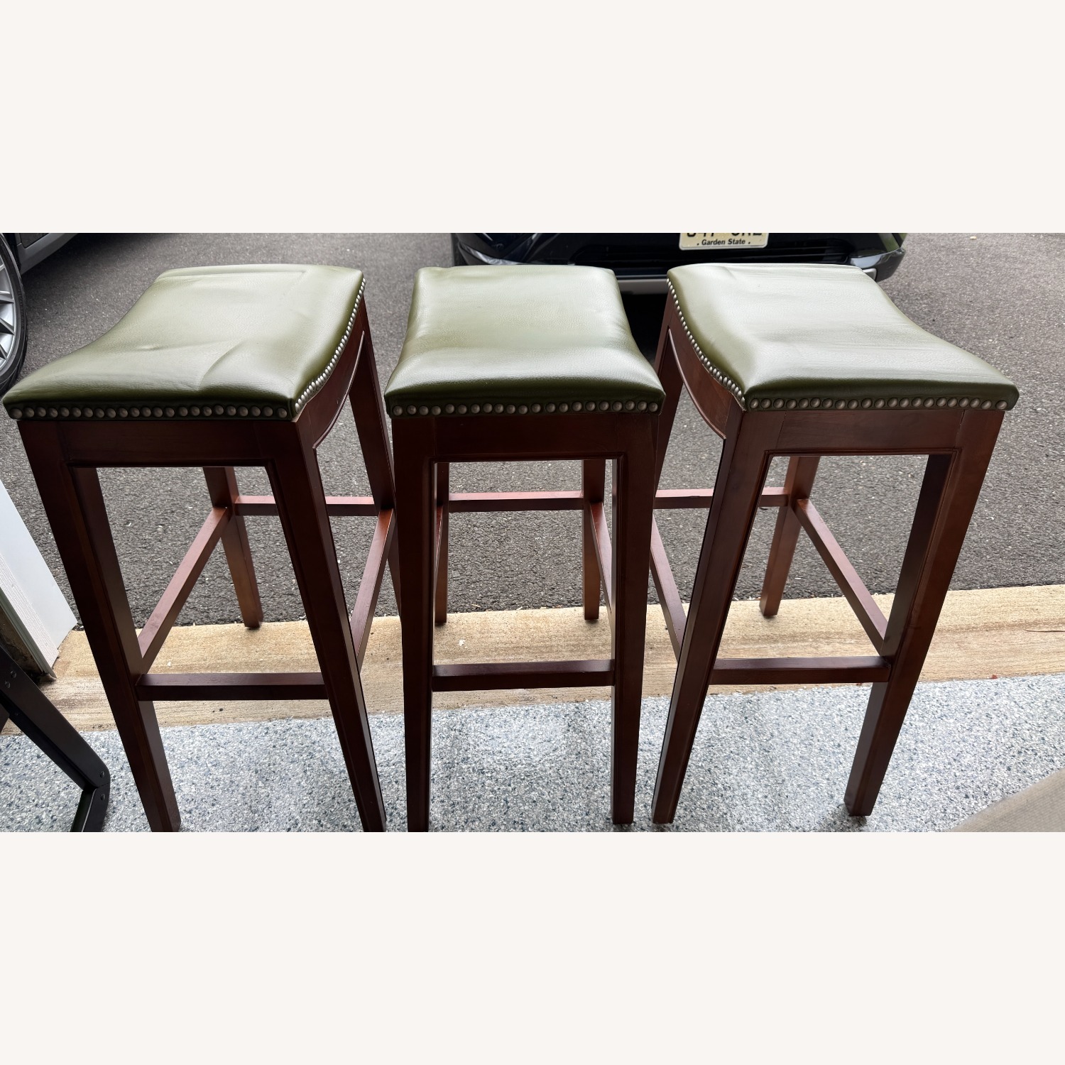 Three Wood and Green Leather Barstools - image-2