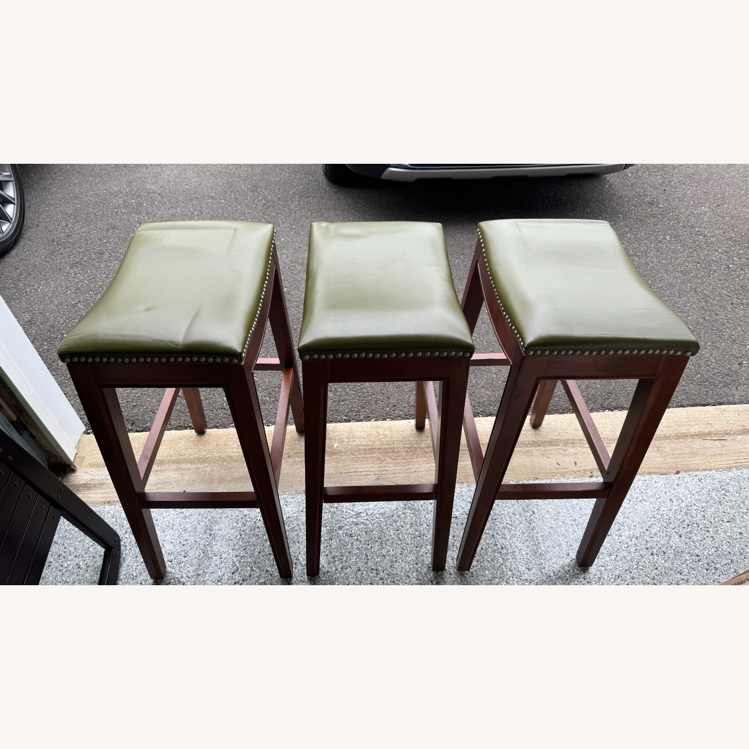 Three Wood and Green Leather Barstools - image-3