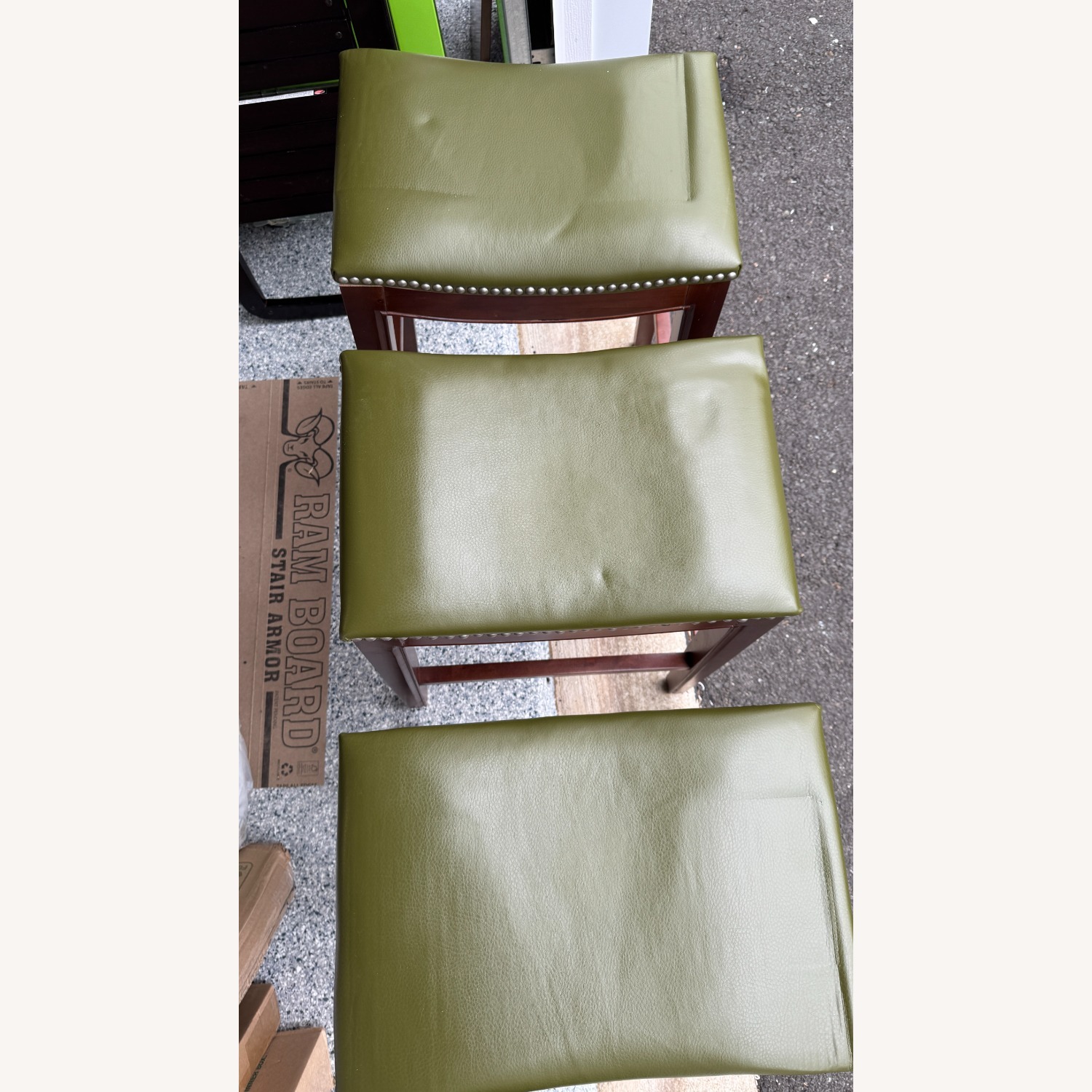 Three Wood and Green Leather Barstools - image-1