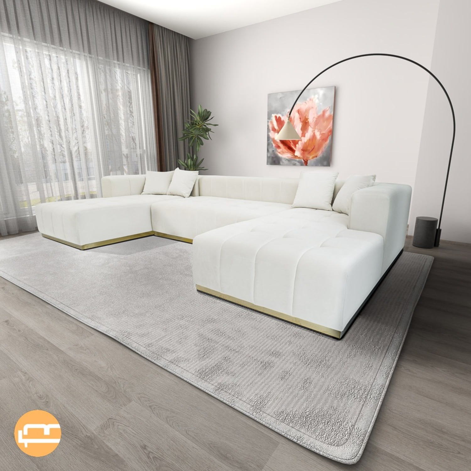 Olivia Cream Velvet U-Shape Corner Sofa - image-1