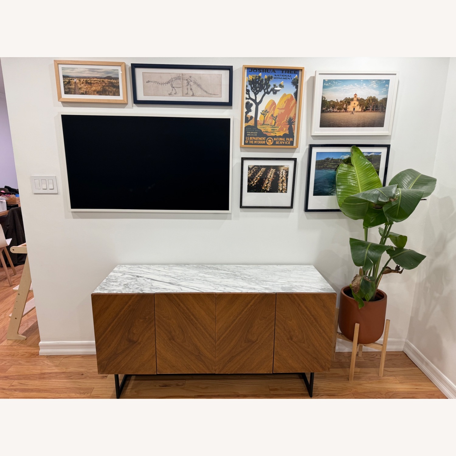 CB2 Suspend 57" Walnut Wood Media Console with White Marble Top - image-1