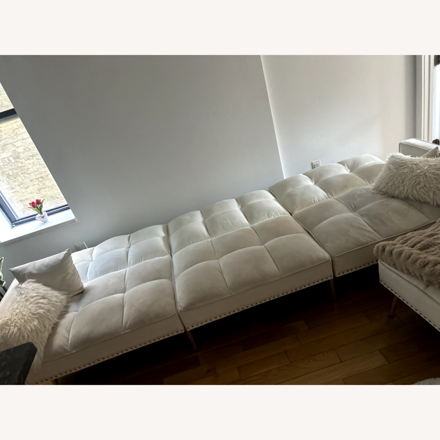 White Velvet Sectional Sofa Bed - image-4
