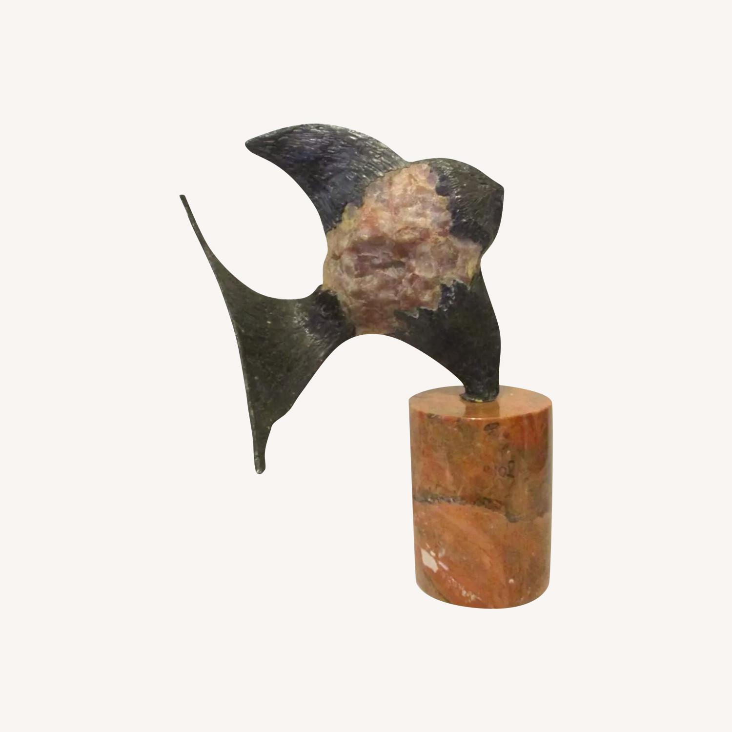 Brutalist Rose Quartz and Bronze Fish Sculpture - image-0