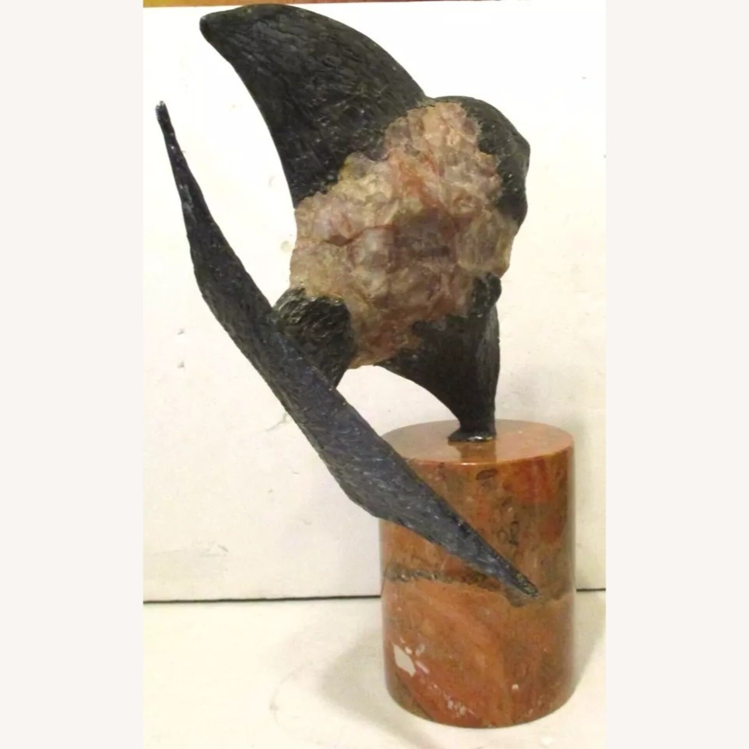 Brutalist Rose Quartz and Bronze Fish Sculpture - image-2