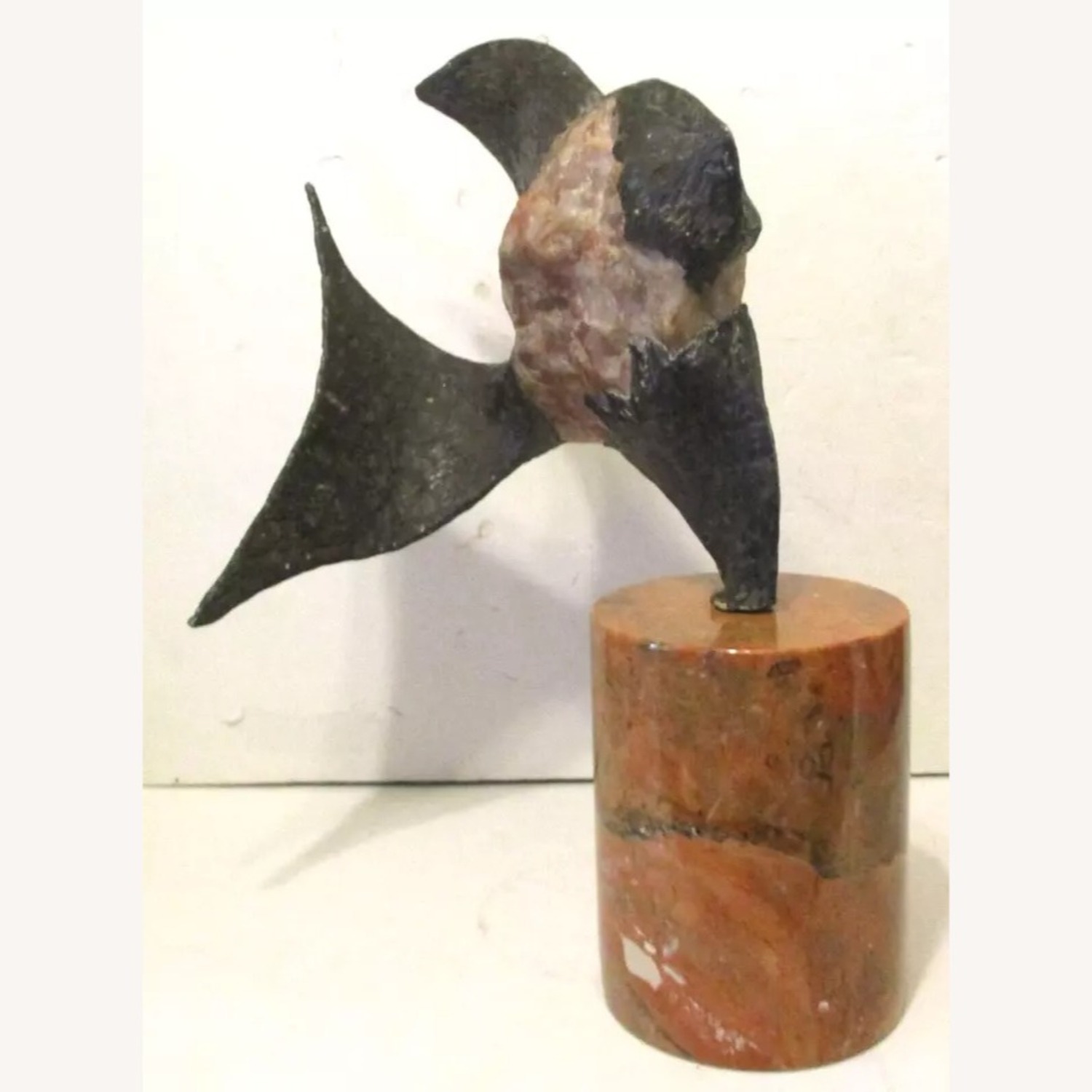 Brutalist Rose Quartz and Bronze Fish Sculpture - image-6